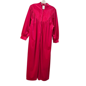 1980s Vintage Women's Half Zip Plush Pink Velour Robe L House Dress Embroidery